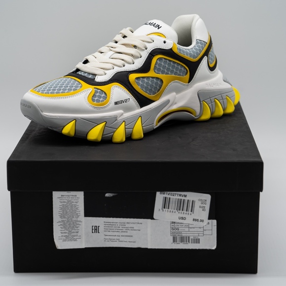 size 43 10 US Balmain B-East White Black Yellow Sneakers Leather Mesh - Picture 13 of 14